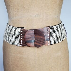 Morgan Miller 30-36" NEW Belt Beaded Stretch Cream Glass Beads Carved Wood Buckl
